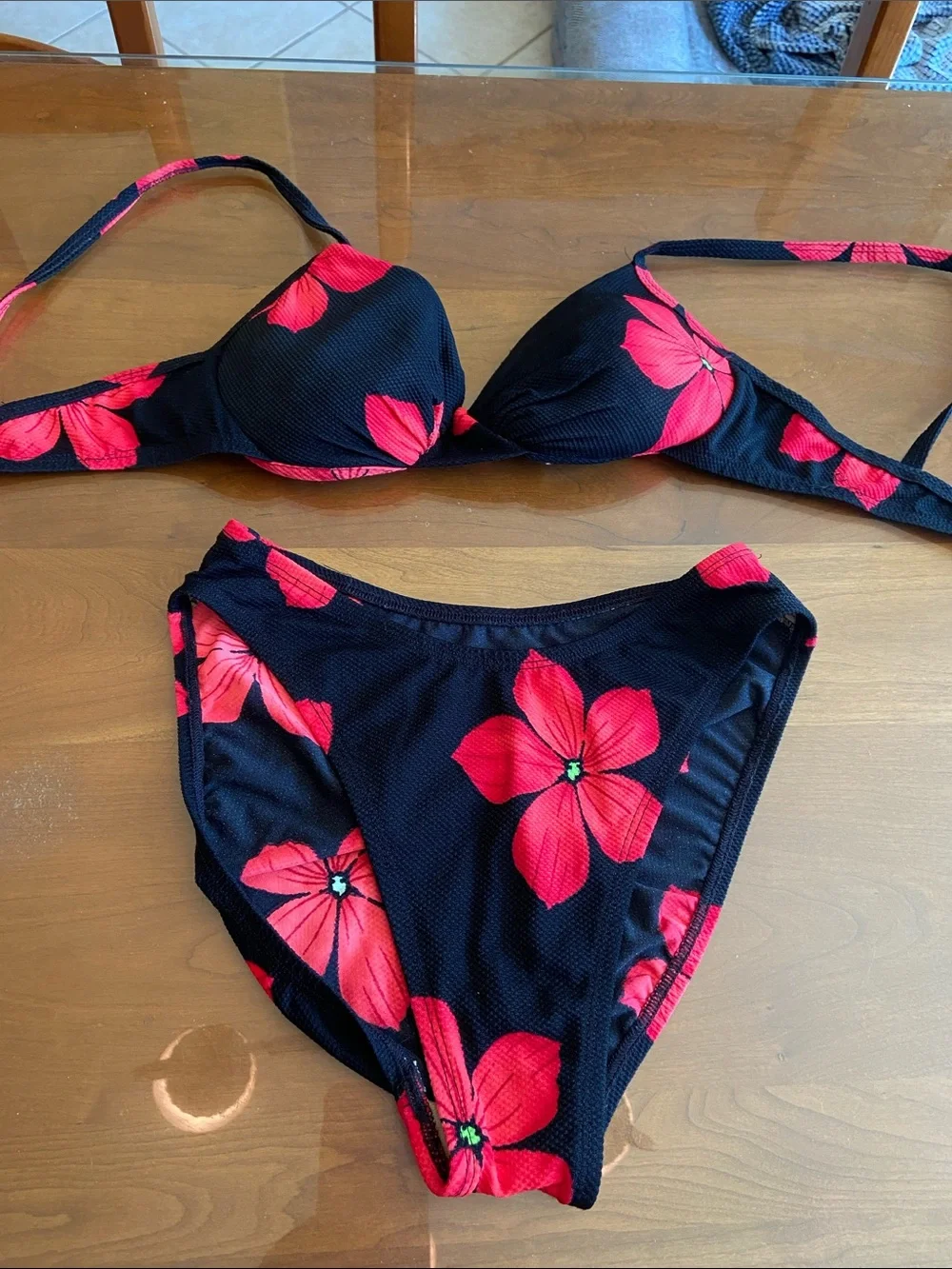 Jones New York Black and Red Floral Bikini and Sarong. Size 10.